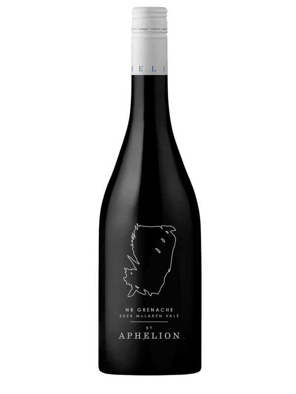 Bottle of NB Grenache by Aphelion 2024 wine with a label that includes the outline of a feather and the name of the wine. The dark glass bottle is upright and the wine inside is not visible.
