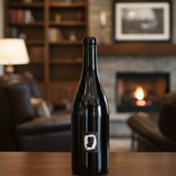 Black wine bottle on a wooden table with a cozy room background