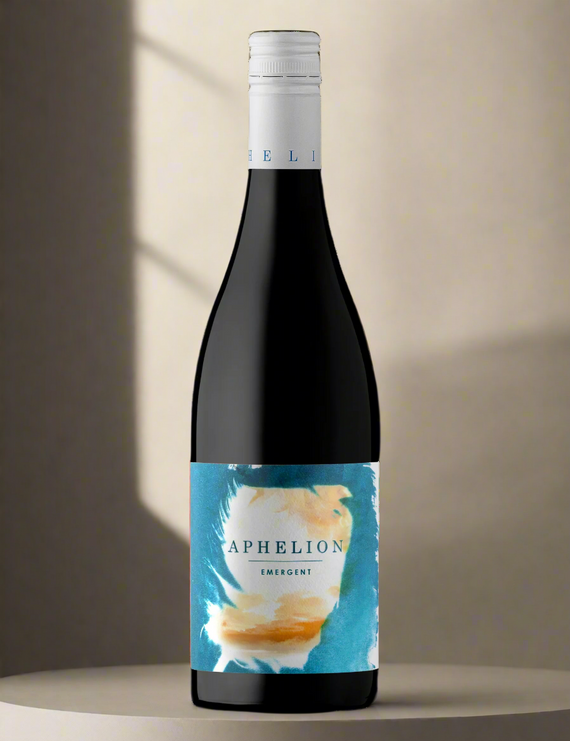Bottle of Aphelion Emergent Mataro with a blue and orange label