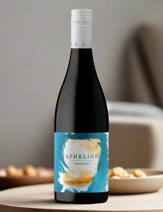 Bottle of Aphelion Emergent Mataro with a blue and orange label