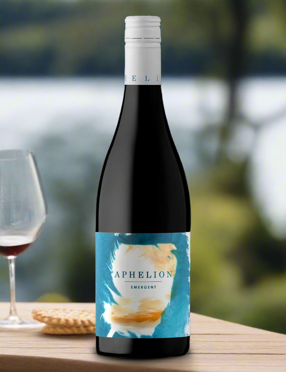 Bottle of Aphelion Emergent Mataro with a blue and orange label