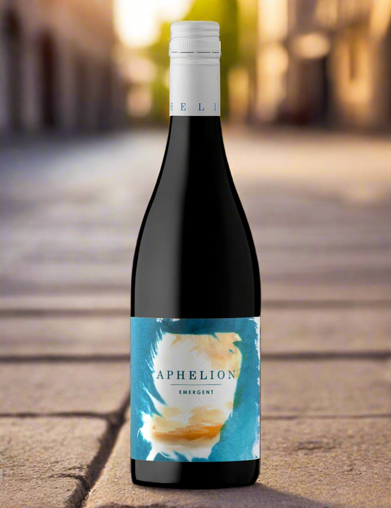 Bottle of Aphelion Emergent Mataro with a blue and orange label