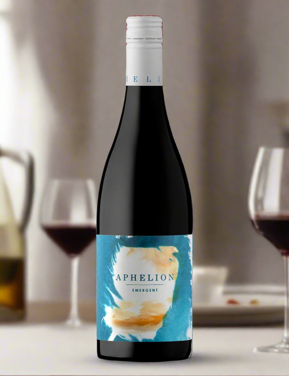Bottle of Aphelion Emergent Mataro with a blue and orange label