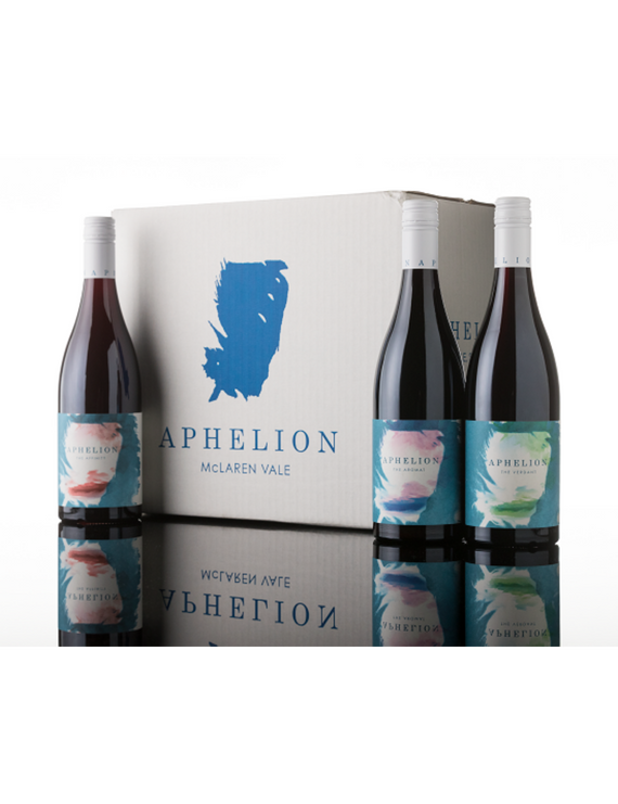 Aphelion wine carton with three Aphelion wine bottles in front of it