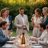 Group of people enjoying a meal outdoors at a dinner table with wine glasses and candles.
