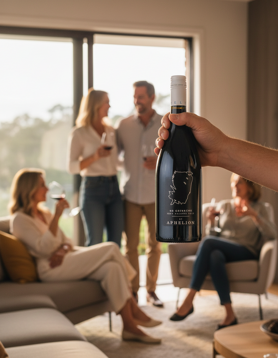 Bottle of NB Grenache by Aphelion 2024 wine with a label that includes the outline of a feather and the name of the wine. The dark glass bottle is upright and the wine inside is not visible.