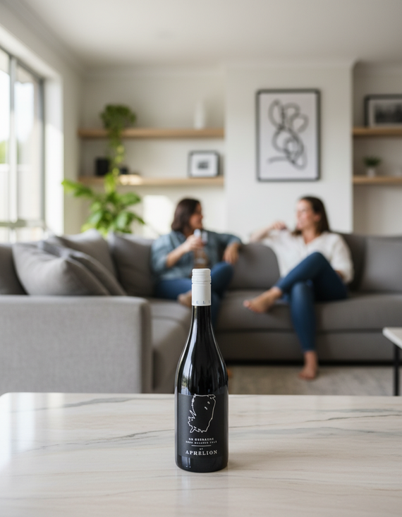 Bottle of NB Grenache by Aphelion 2024 wine with a label that includes the outline of a feather and the name of the wine. The dark glass bottle is upright and the wine inside is not visible.