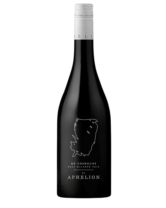 Bottle of NB Grenache by Aphelion 2024 wine with a label that includes the outline of a feather and the name of the wine. The dark glass bottle is upright and the wine inside is not visible.