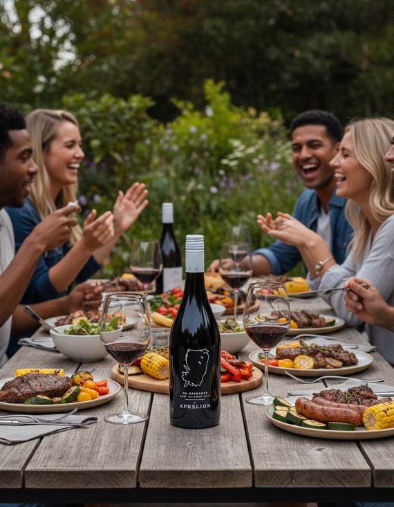 Bottle of NB Grenache by Aphelion 2024 wine with a label that includes the outline of a feather and the name of the wine. The dark glass bottle is upright and the wine inside is not visible.