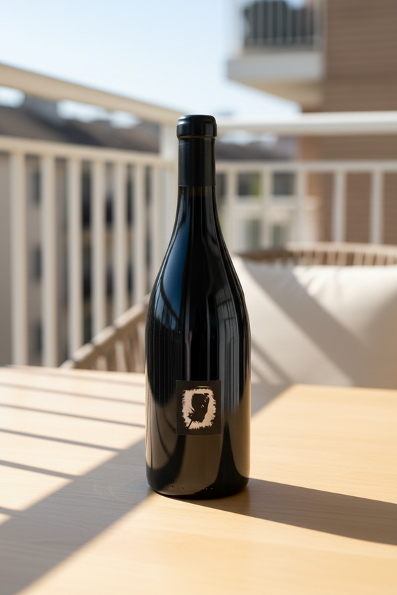 Bottle of Aphelion Rapture Mataro Grenache Shiraz with black and white label and black wax over cork
