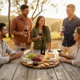 Group of people enjoying a picnic with wine and food in a scenic outdoor setting.