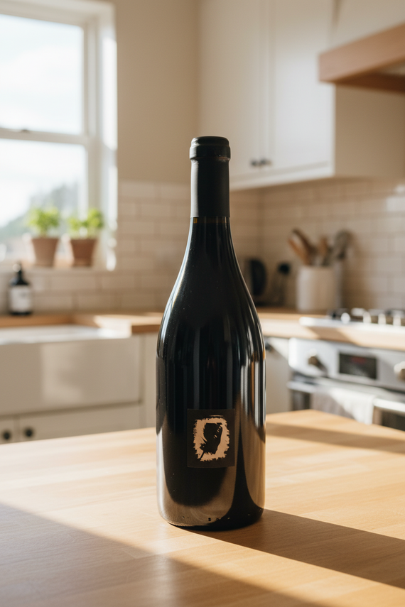 Bottle of Aphelion Rapture Mataro Grenache Shiraz with black and white label and black wax over cork