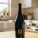 Black wine bottle on a kitchen counter with a window and cabinets in the background