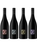 Four dark wine bottles with minimalist square labels in pink, gray, gold, and purple, arranged side by side on a white background.