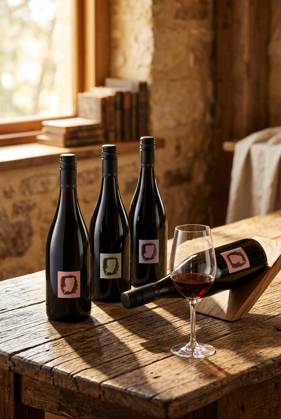 Four dark wine bottles with minimalist square labels in pink, gray, gold, and purple, arranged side by side on a white background.
