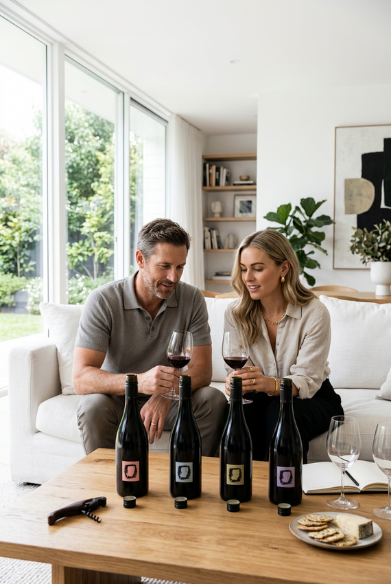 Four dark wine bottles with minimalist square labels in pink, gray, gold, and purple, arranged side by side on a white background.