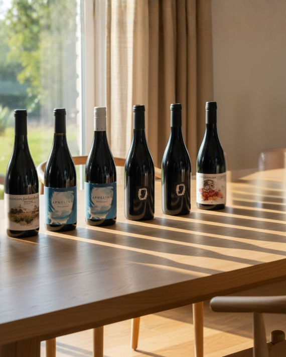 A group of wine bottles arranged on a plain white background, including several dark bottles with labels and a few lighter bottles with blue, white, and scenic illustrations on the labels.