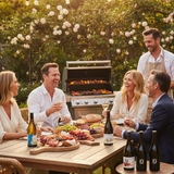 A group of five people enjoy a barbecue outdoors in a garden setting, seated around a wooden table laden with charcuterie boards, grapes, bread, and wine bottles, with a grill running in the background under warm string lights.