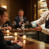 A bartender in a white shirt and navy apron pours red wine from a dark bottle into a glass at a warmly lit bar counter, with a customer seated beside the bar and blurred patrons in the background.