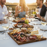 Group of people enjoying a meal with charcuterie board and wine glasses outdoors.