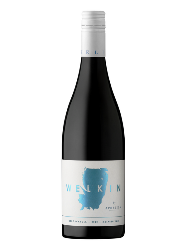A bottle of Welkin Nero d'Avola by Aphelion 2024 wine with a purple label, blue text, and a map outline.