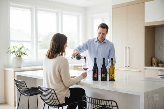 Five wine bottles with varying colored labels on a white background