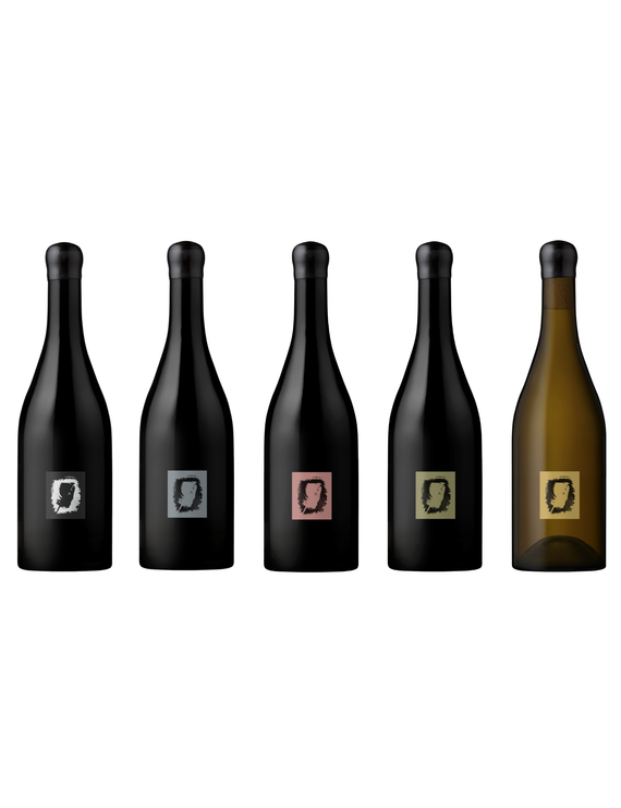 Five wine bottles with varying colored labels on a white background