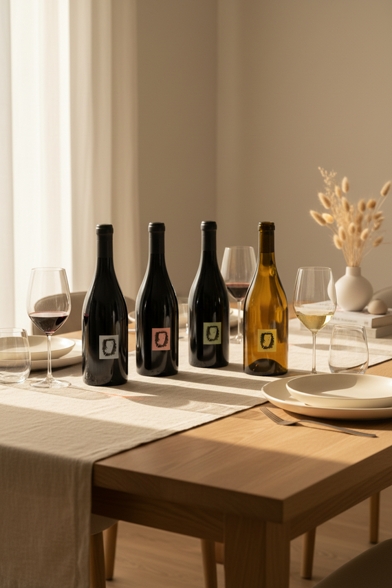 Five wine bottles with varying colored labels on a white background