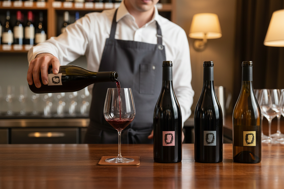 Five wine bottles with varying colored labels on a white background
