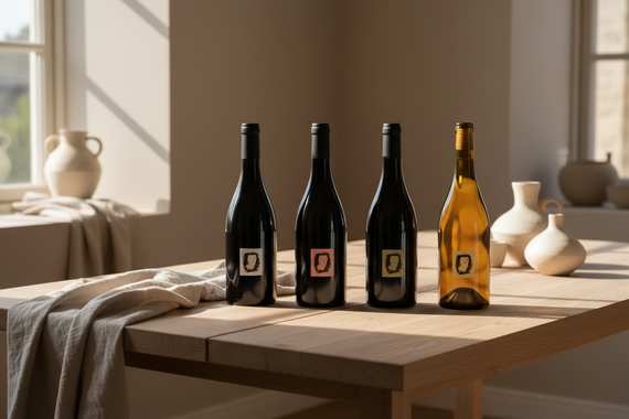 Five wine bottles with varying colored labels on a white background