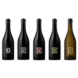 Five wine bottles with varying colored labels on a white background